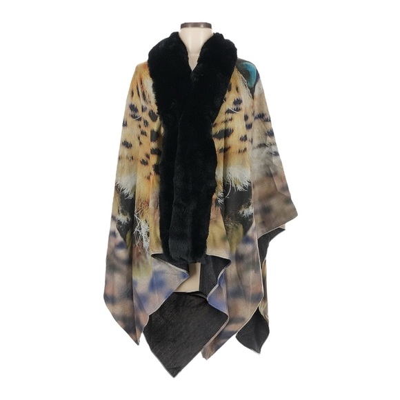 Jessica McClintock Luxe Faux Fur Tiger Print Poncho Cape Asymmetrical Hem NWT OS - Picture 2 of 9